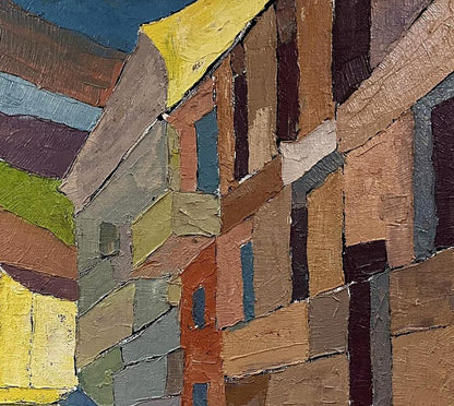 Oil painting Rising up by Serhiy Kovalev: textured cityscape in earthy tones