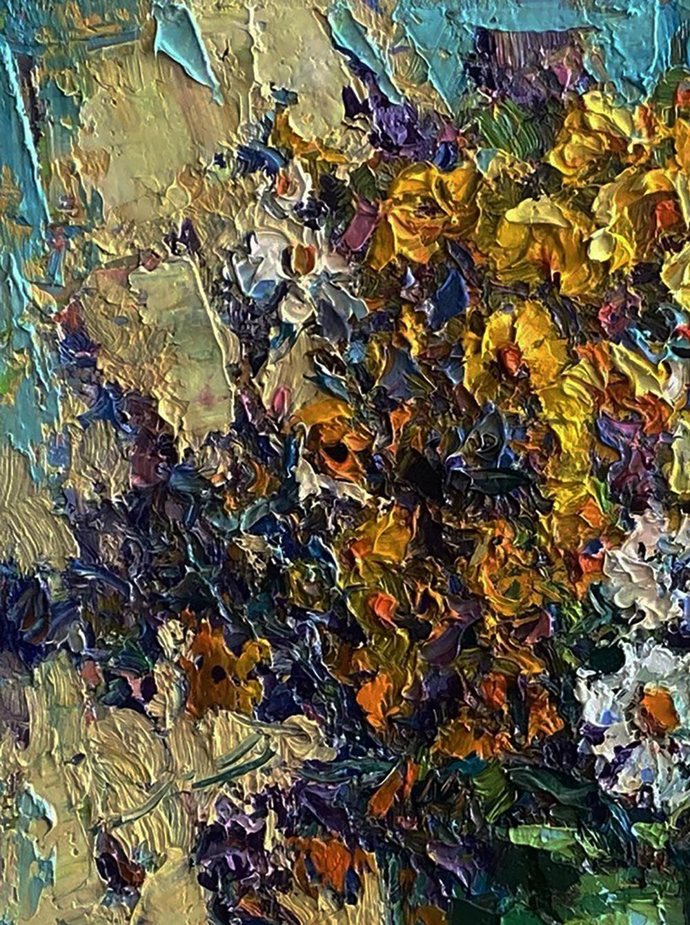 Vibrant oil painting Summer still life with yellow gold flowers by Oksana Ivanyuk
