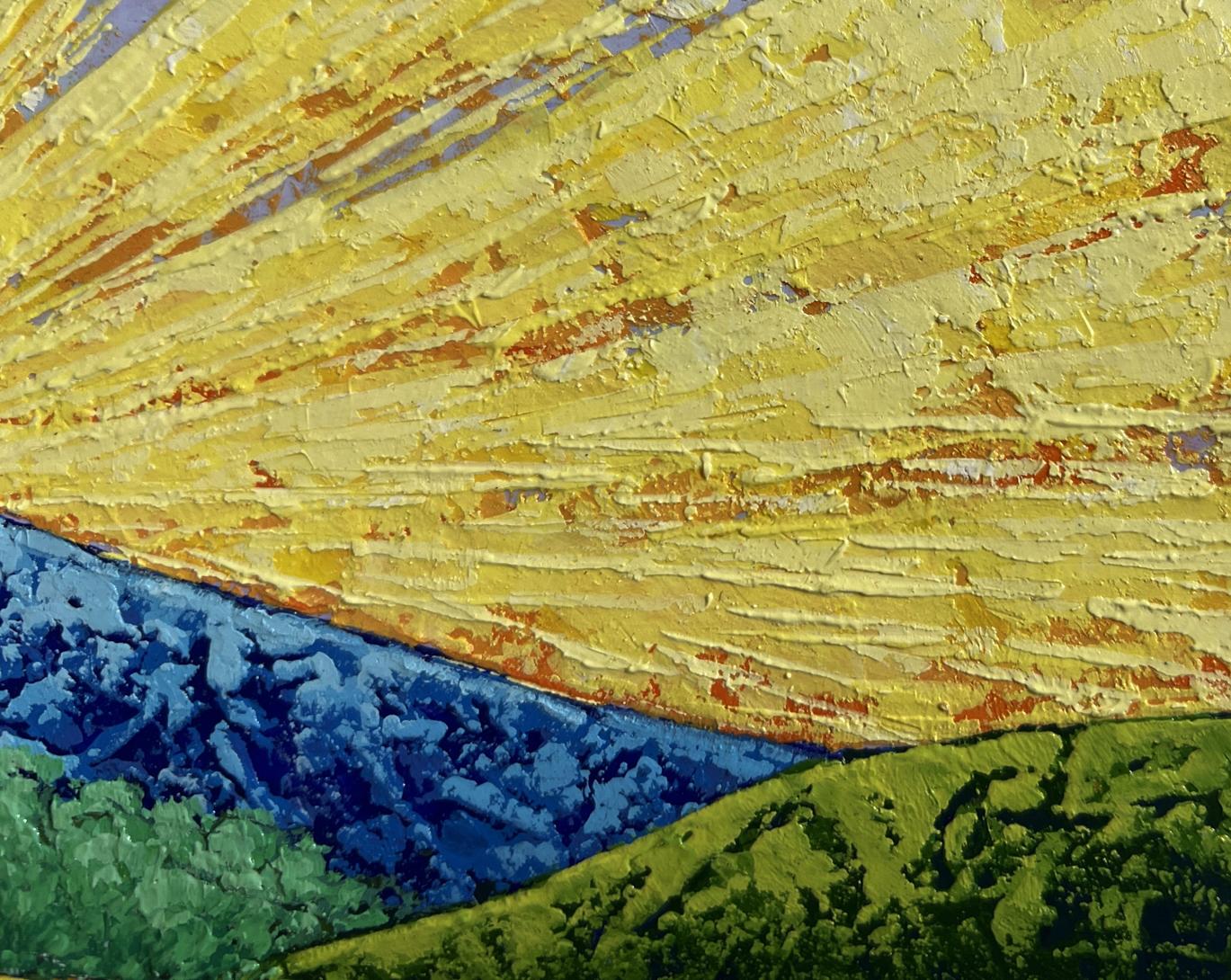 Vibrant oil painting Sunset rays over mountain valley by V. Zadorozhnya