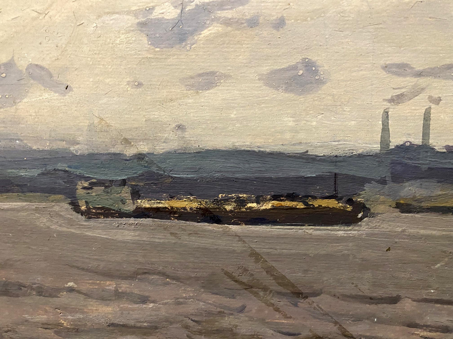 Oil painting of Dnieper near Zaporozhye by Georgy Kolosovsky, dark barge on calm waters