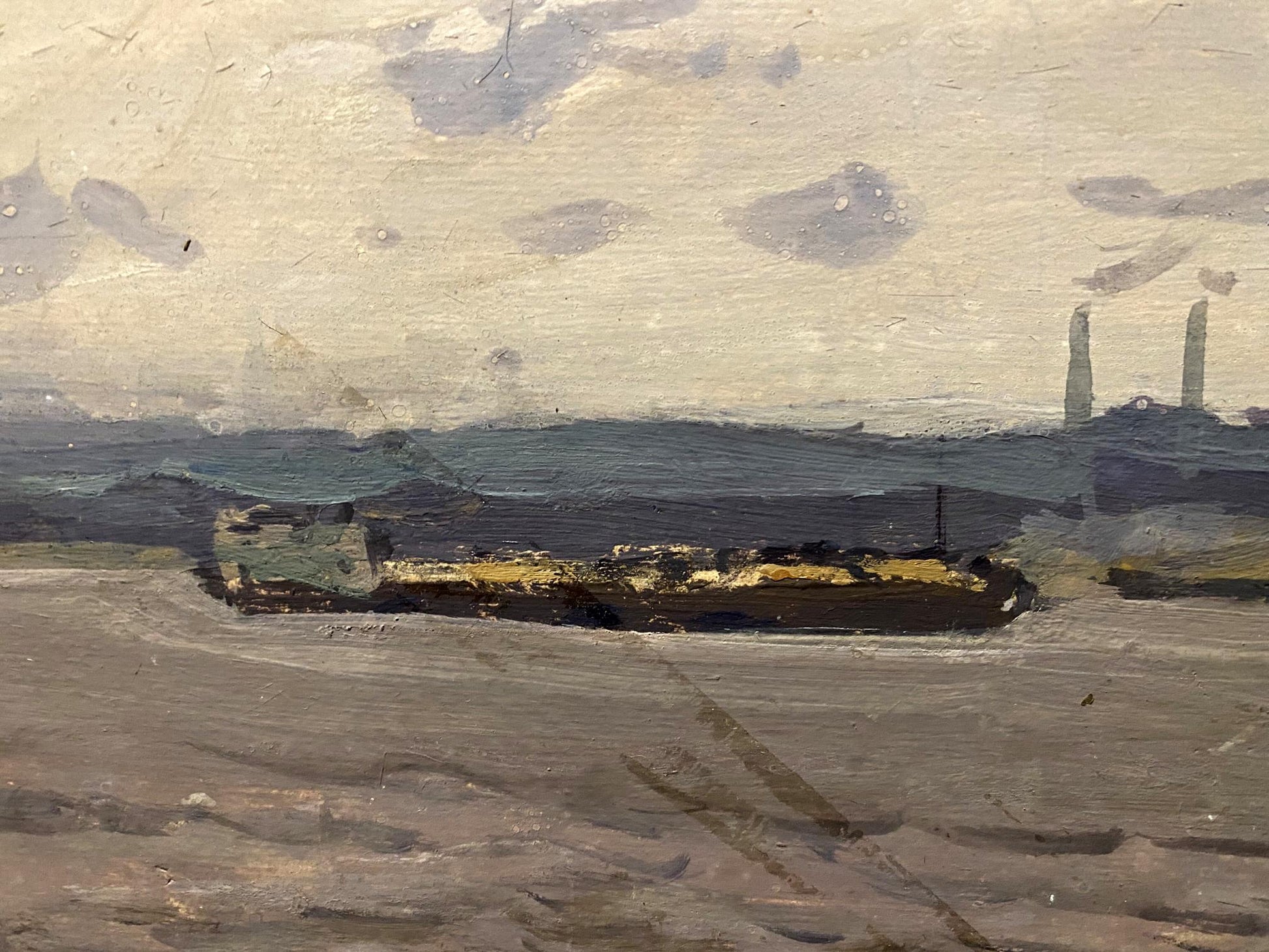 Oil painting of Dnieper near Zaporozhye by Georgy Kolosovsky, dark barge on calm waters