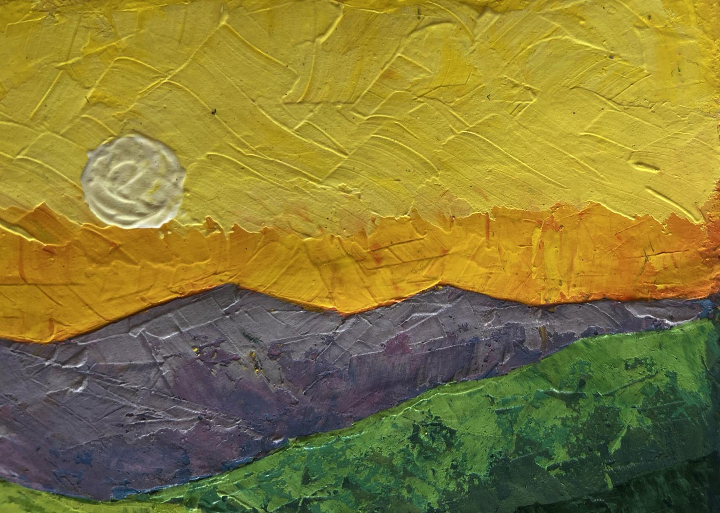 Oil painting of mountains in evening sun lights by V. Zadorozhnya