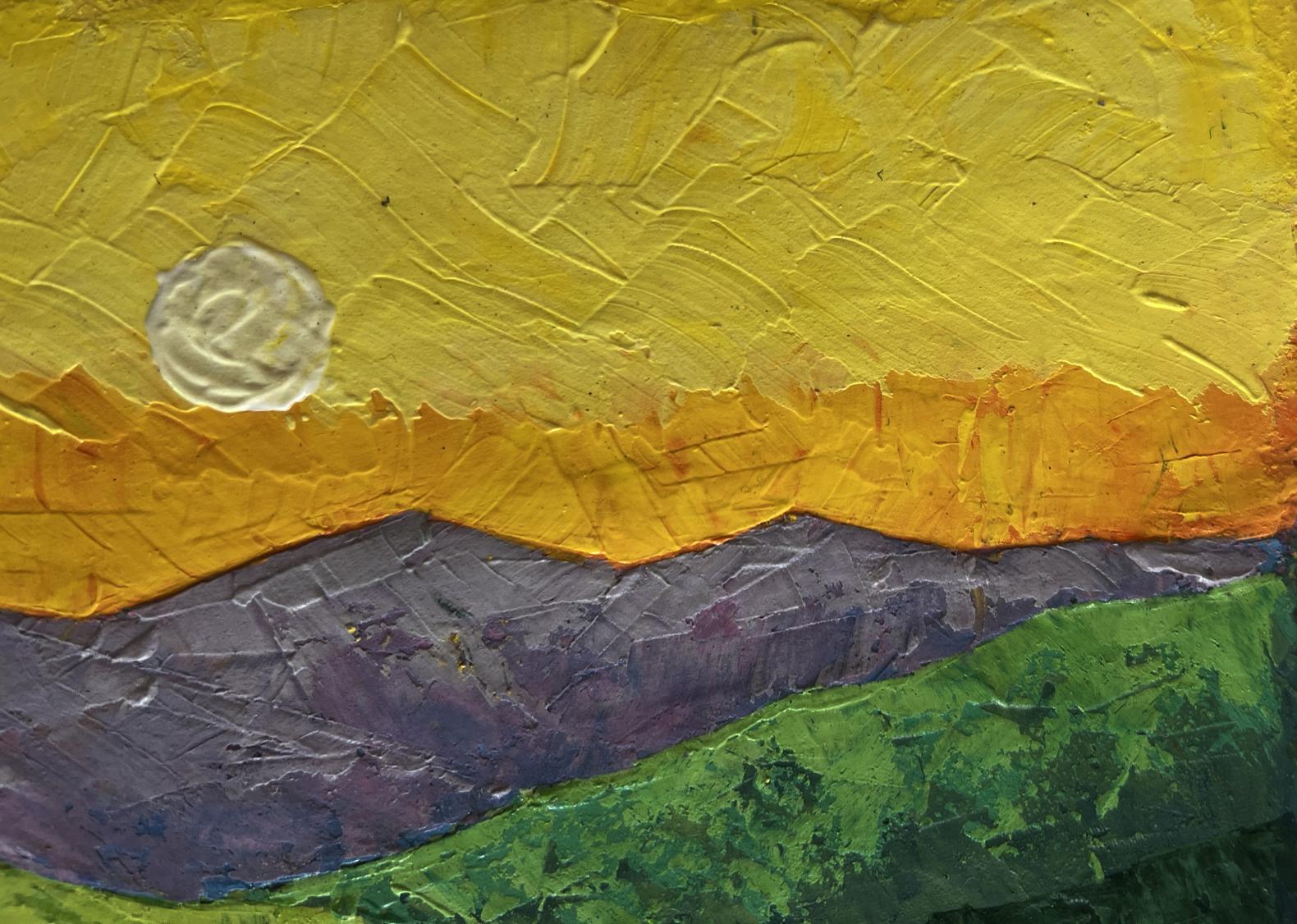 Oil painting of mountains in evening sun lights by V. Zadorozhnya