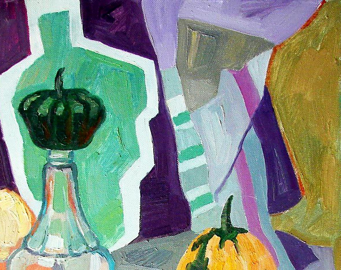 Oil painting by Tatyana Shulyak: green glass bottle with dark green pumpkin on neck