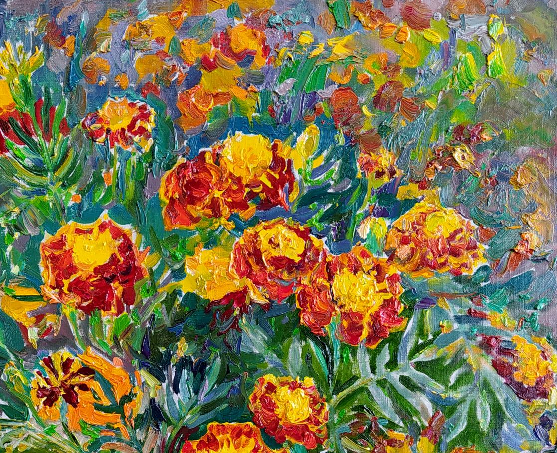 Vibrant impressionist oil painting of marigolds by Leonid Pavlenko