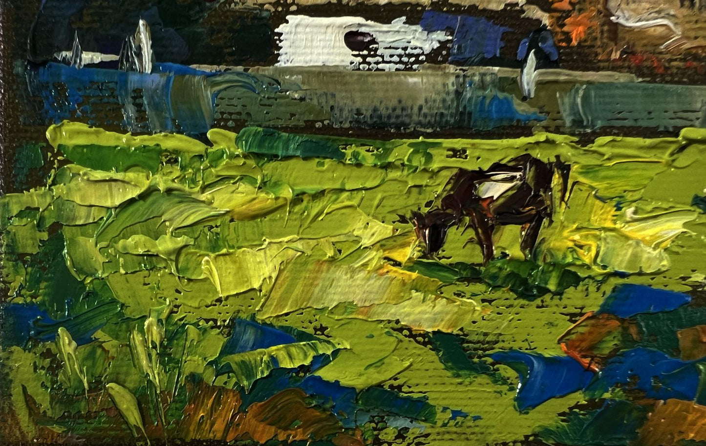 Oil painting by Oksana Ivanyuk: dark brown cow with white back patch in vibrant green-yellow field