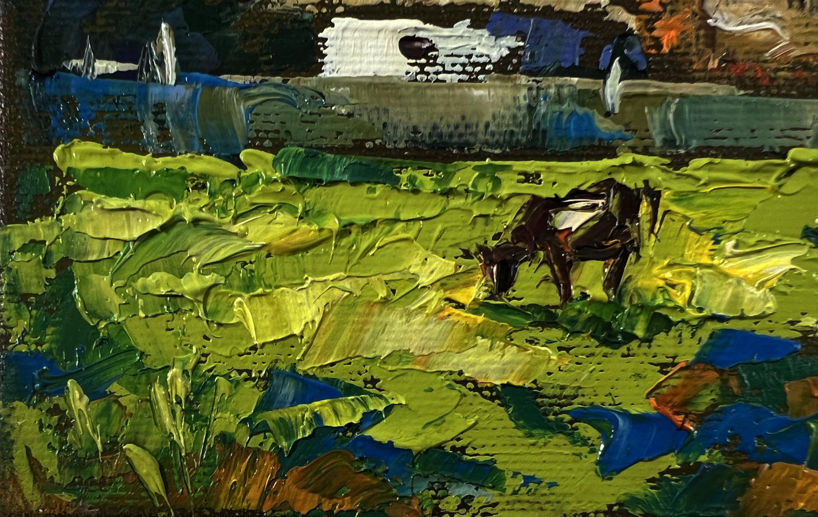 Oil painting by Oksana Ivanyuk: dark brown cow with white back patch in vibrant green-yellow field