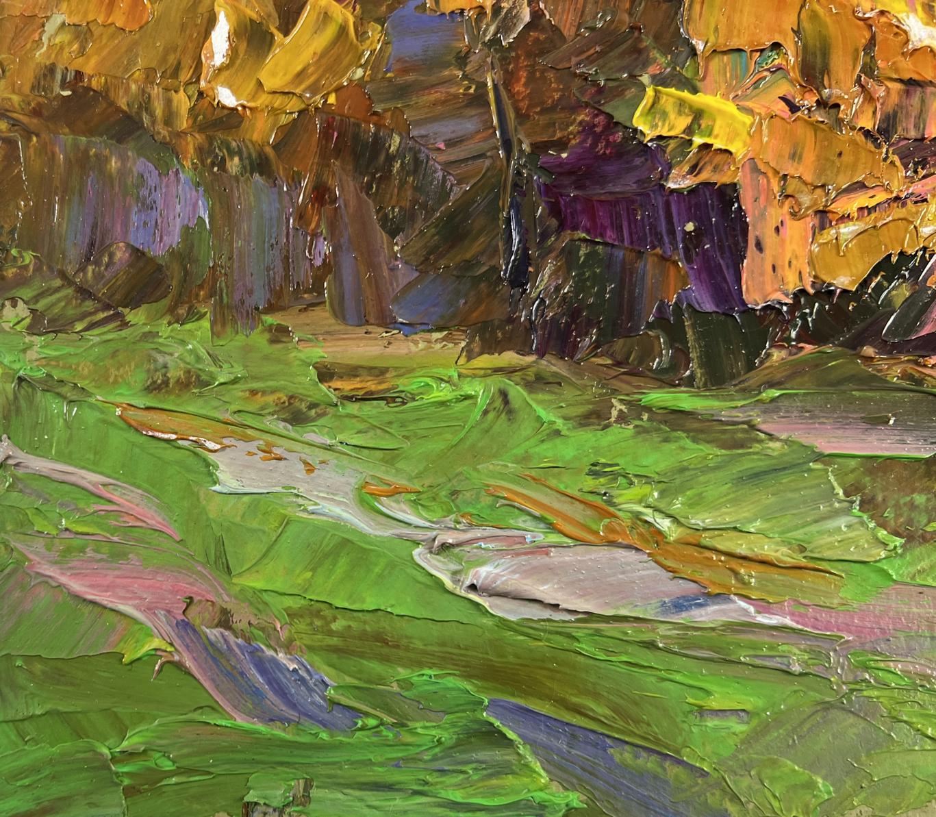 Oil painting Autumn sparkles with gold by Boris Serdyuk, vibrant impressionist trees