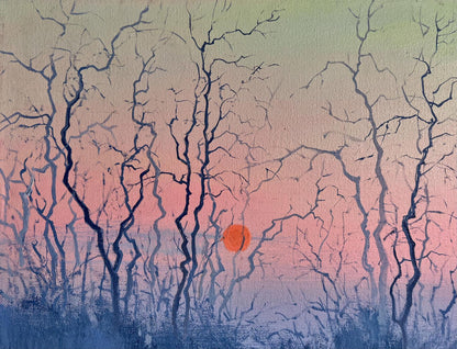 Oil painting Evening on a Misty Lake by Tatyana Derdey: surreal forest branches on gradient sky