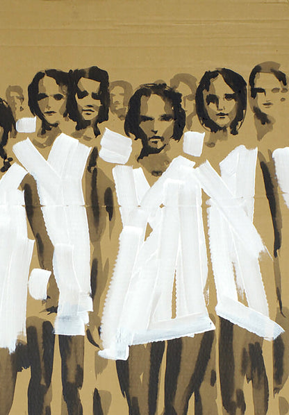 Stylized acrylic painting Spring by Dima Filatov, white-robed figures on tan background