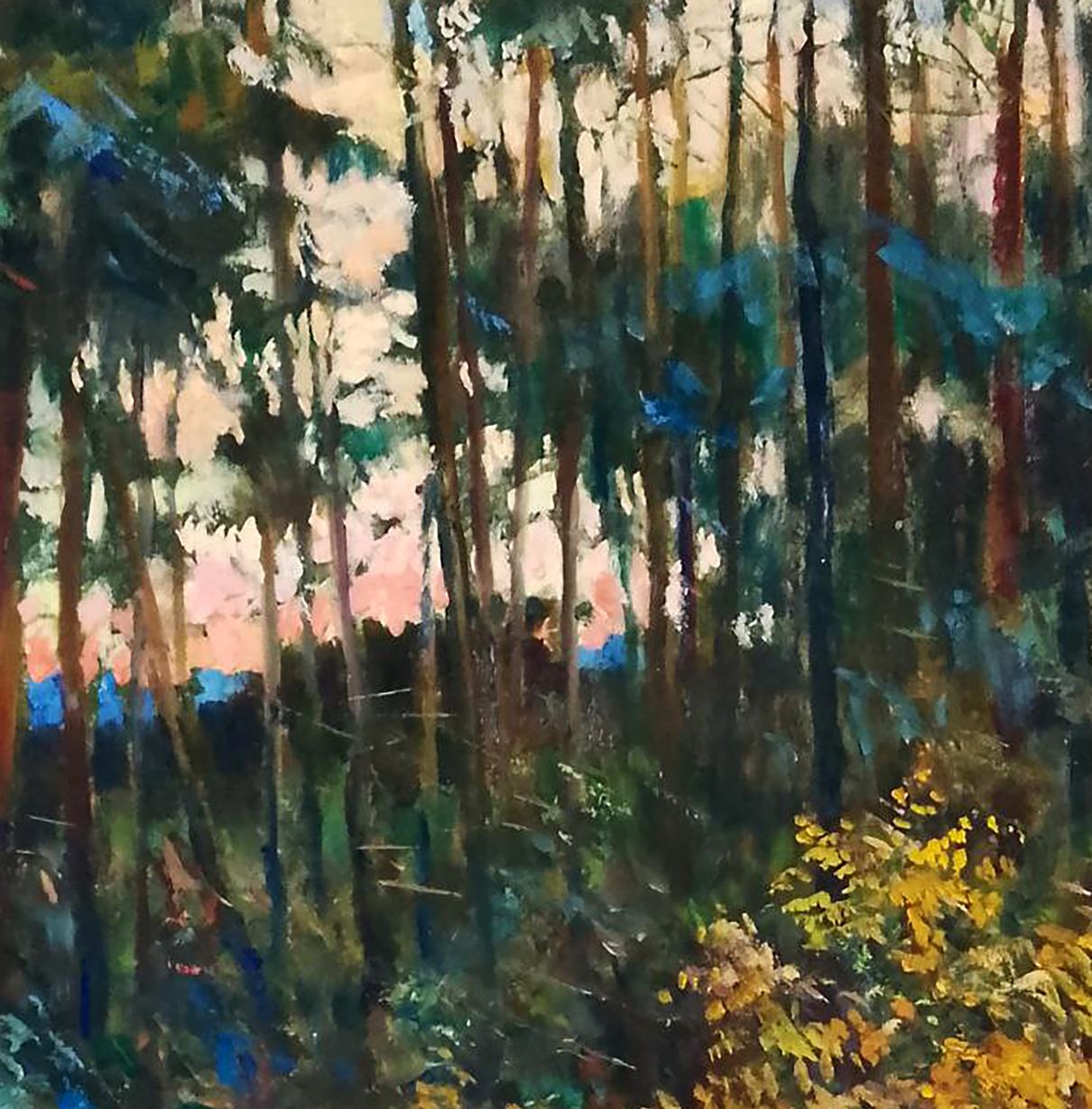 Vibrant impressionist oil painting of forest by Vitaly Duhnevich, orange sunset
