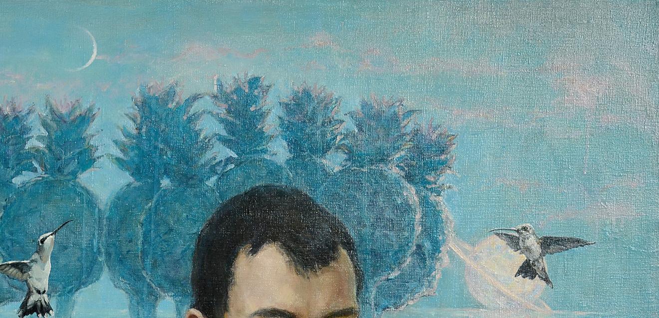 Oil painting Empathy of touch by Oleg Kateryniuk with mans portrait, blue pineapples, hummingbirds, crescent moon