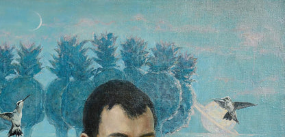 Oil painting Empathy of touch by Oleg Kateryniuk with mans portrait, blue pineapples, hummingbirds, crescent moon