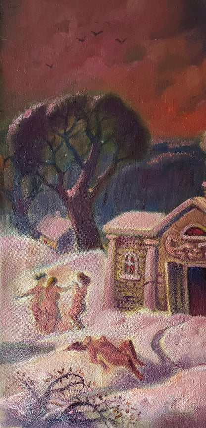 Oil painting Winter evening entertainment by Daniil Litvinov snowy house scene
