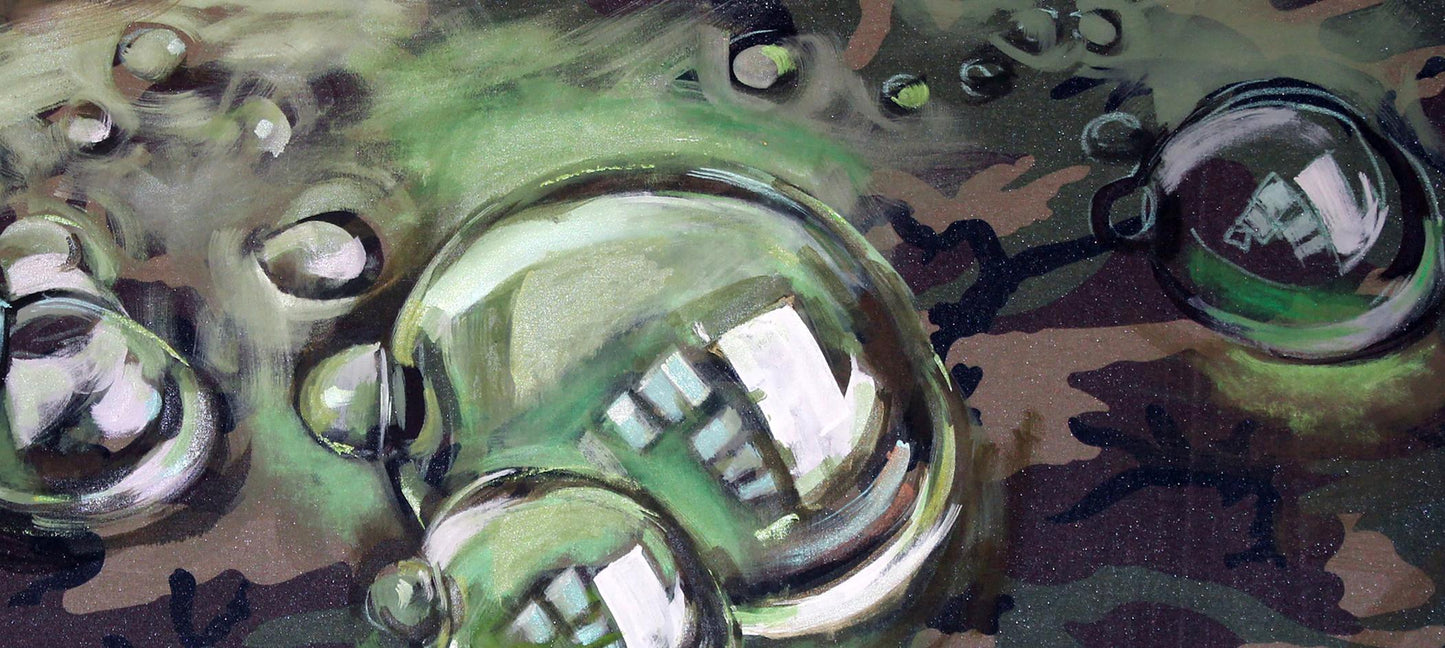 Oil painting Bubbles Ed Potapenkov: reflective metallic sphere on camouflage surface