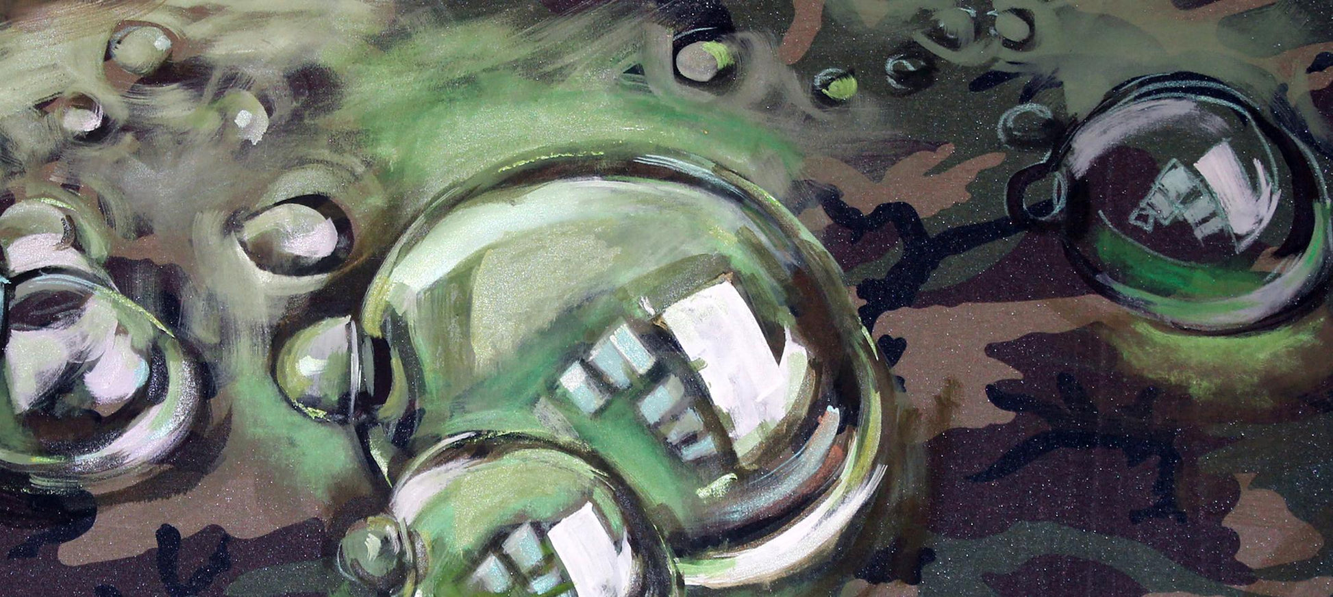 Oil painting Bubbles Ed Potapenkov: reflective metallic sphere on camouflage surface