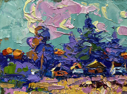 Vibrant impressionist oil painting of village in shade of trees by Oleksiy Ivanyuk