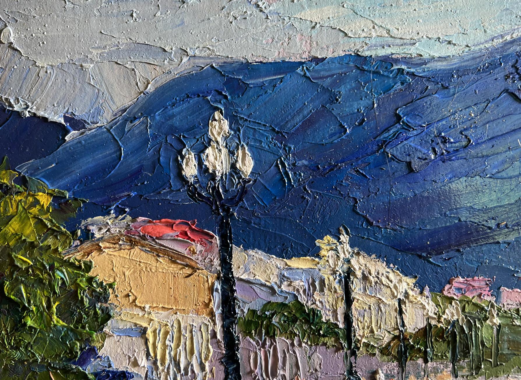 Oil painting City embankment by Boris Serdyuk: dark blue mountains, red roofs
