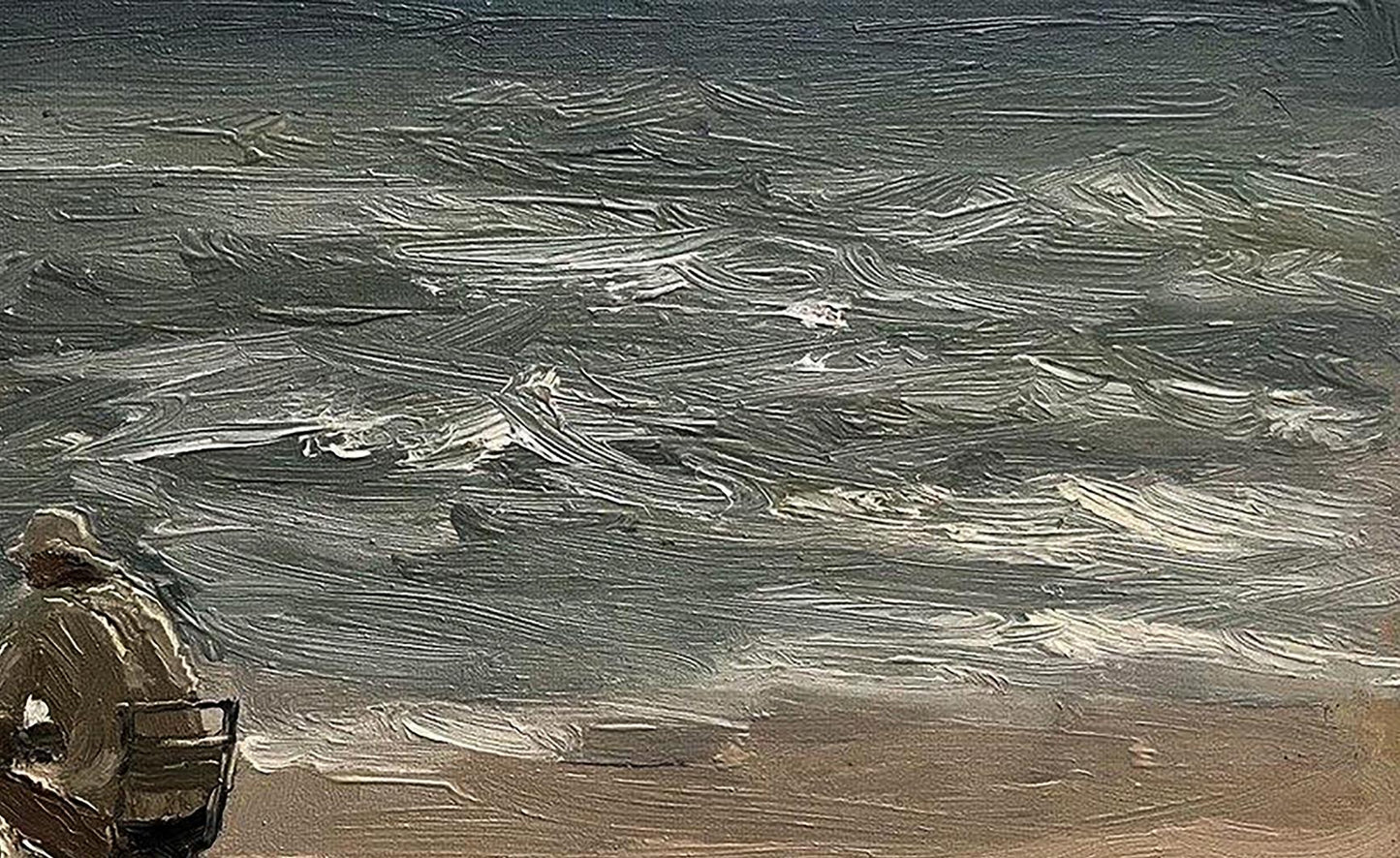 Stormy gray waves crash on sandy shore in Alone on the Beach oil painting by Volodymyr Pashchenko