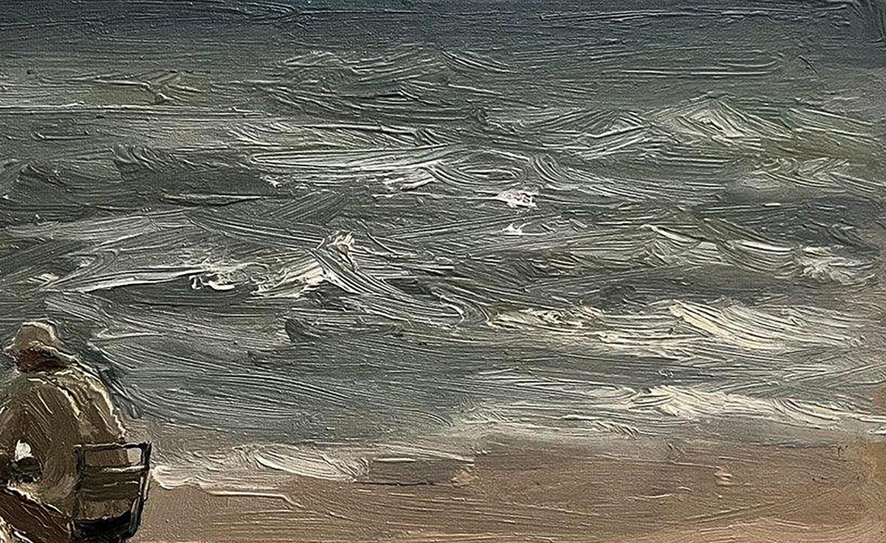 Stormy gray waves crash on sandy shore in Alone on the Beach oil painting by Volodymyr Pashchenko
