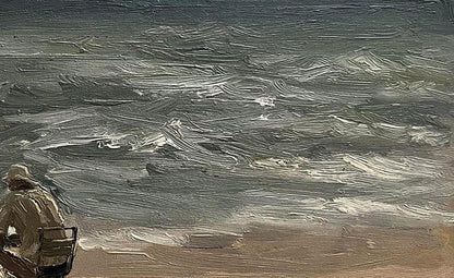 Stormy gray waves crash on sandy shore in Alone on the Beach oil painting by Volodymyr Pashchenko