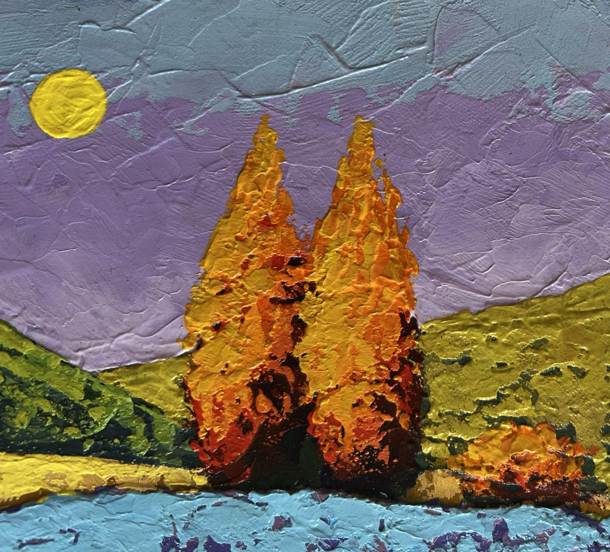 Vibrant oil painting of autumn golden fields with fiery orange trees by V. Zadorozhnya