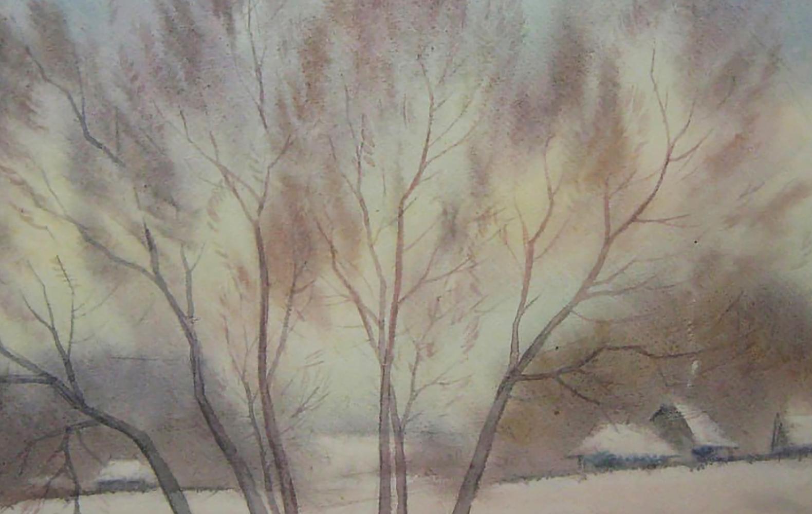 Watercolor painting of winter morning bare trees by Valery Savenets
