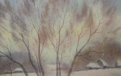 Watercolor painting of winter morning bare trees by Valery Savenets
