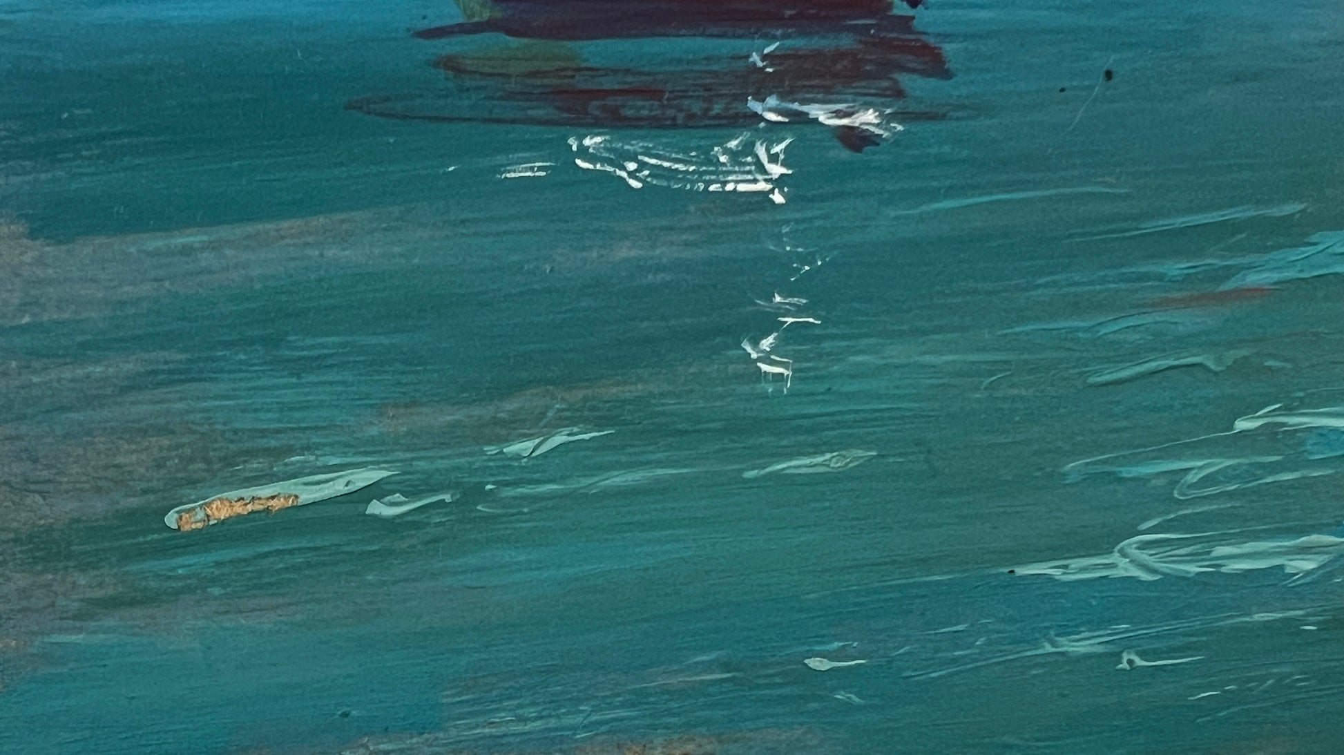 Textured teal oil painting of boats near mountains by Yuriy Suprunchuk