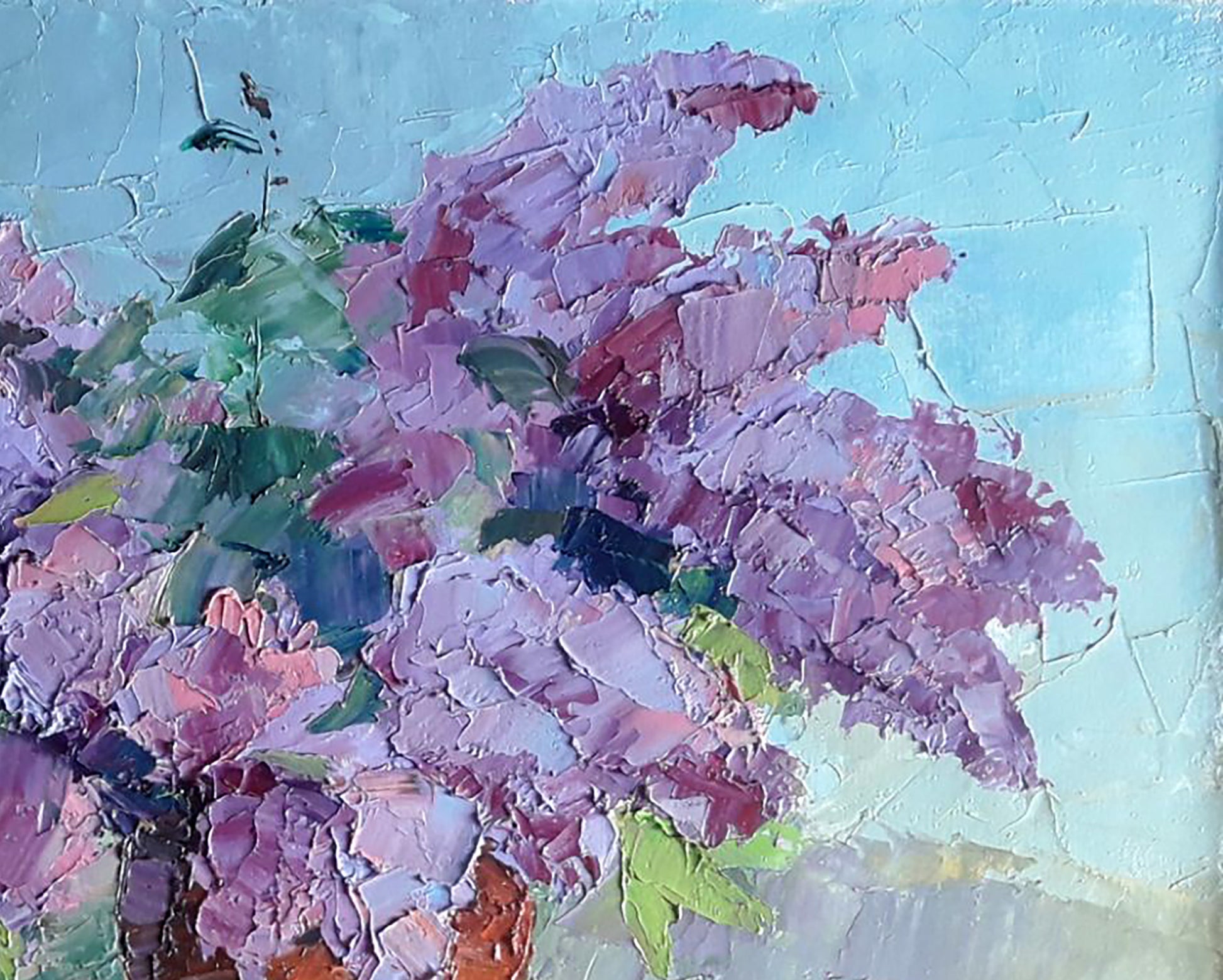 Oil painting Lilac and tangerine by Boris Serdyuk, vibrant purple pink blossoms