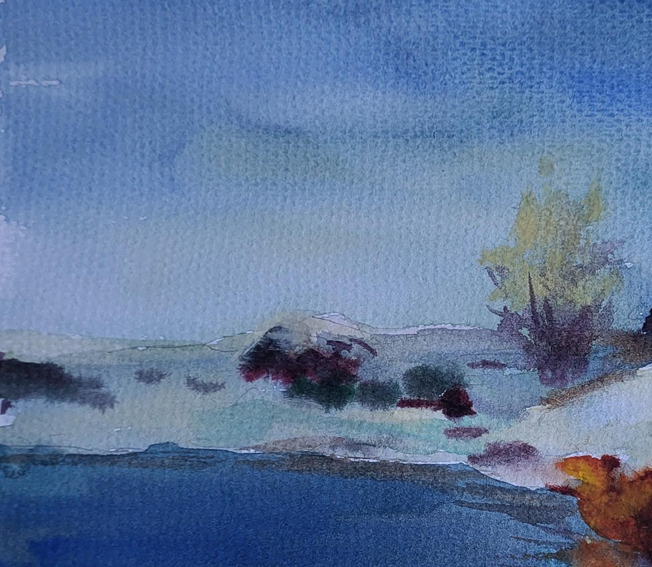 Watercolor landscape under snowy sky by Boris Serdyuk with solitary tree