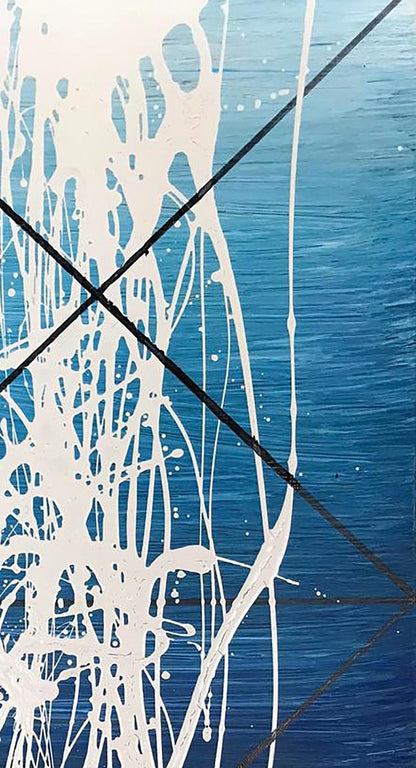 Acrylic painting Energy by Olga Melezhik: white splatters on blue, black lines