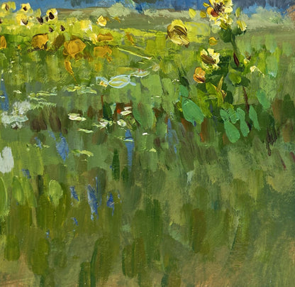 Vibrant impressionist oil painting of sunflower fields by Yuriy Suprunchuk