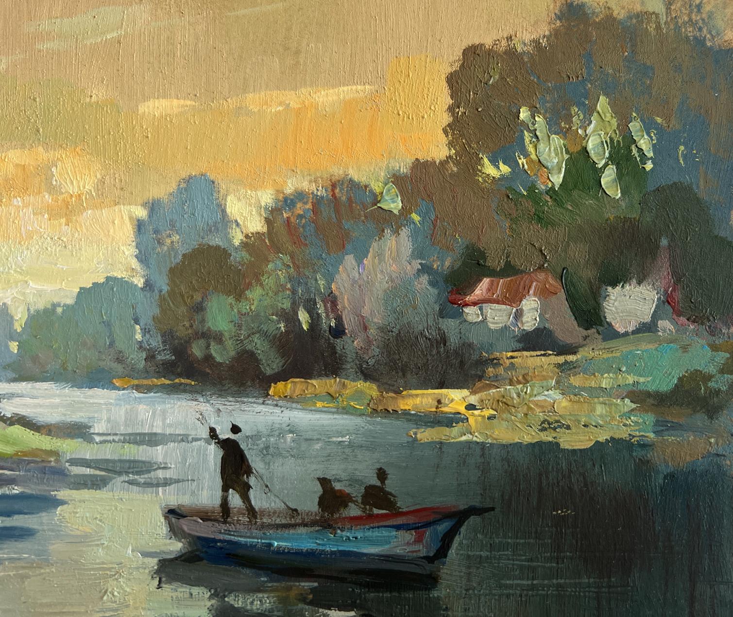 Impressionistic oil painting of blue red rowboat with three figures, Love and sun reflection by Yuriy Suprunchuk