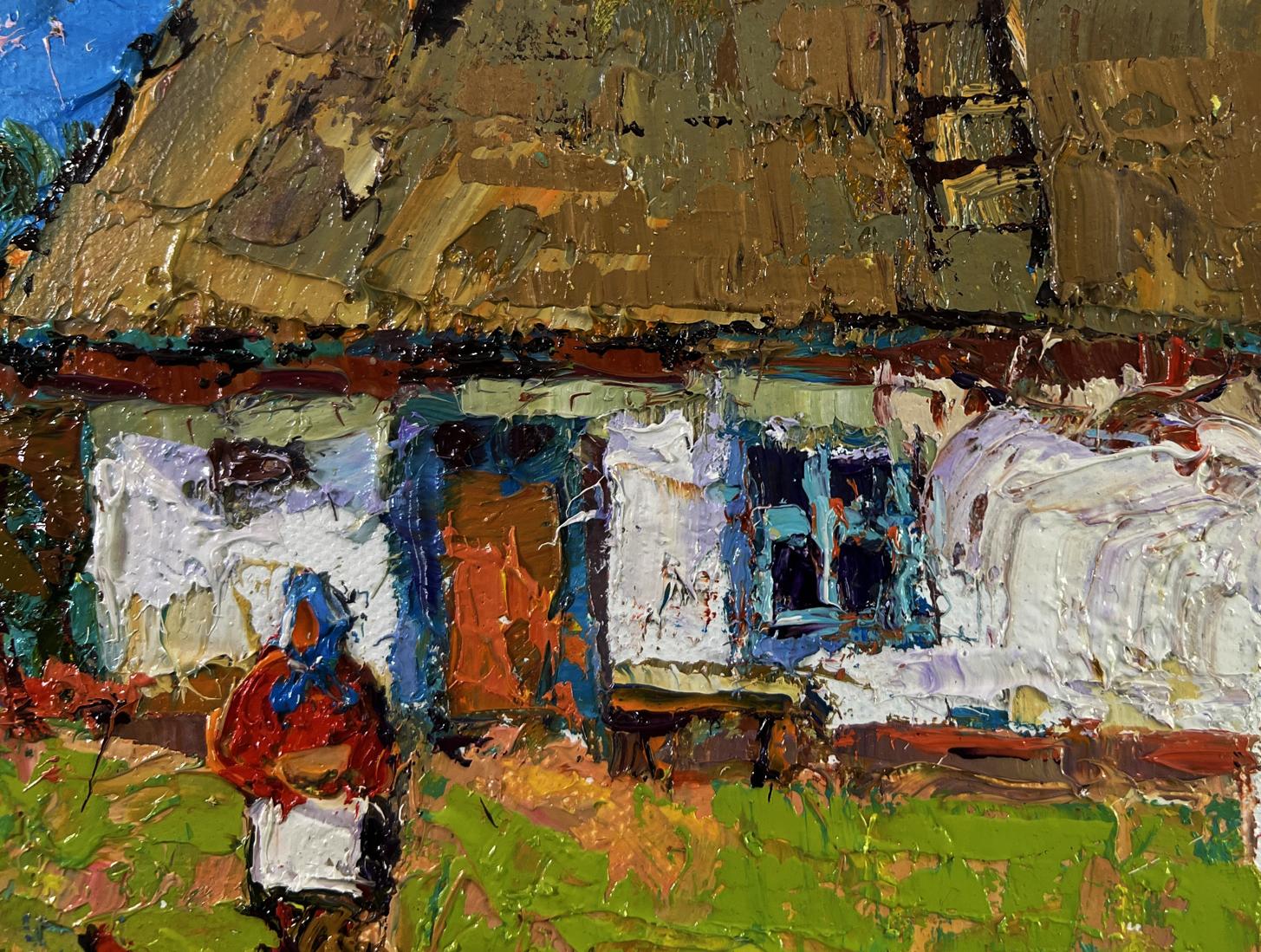 Oil painting of rustic thatched cottage by Oksana Ivanyuk