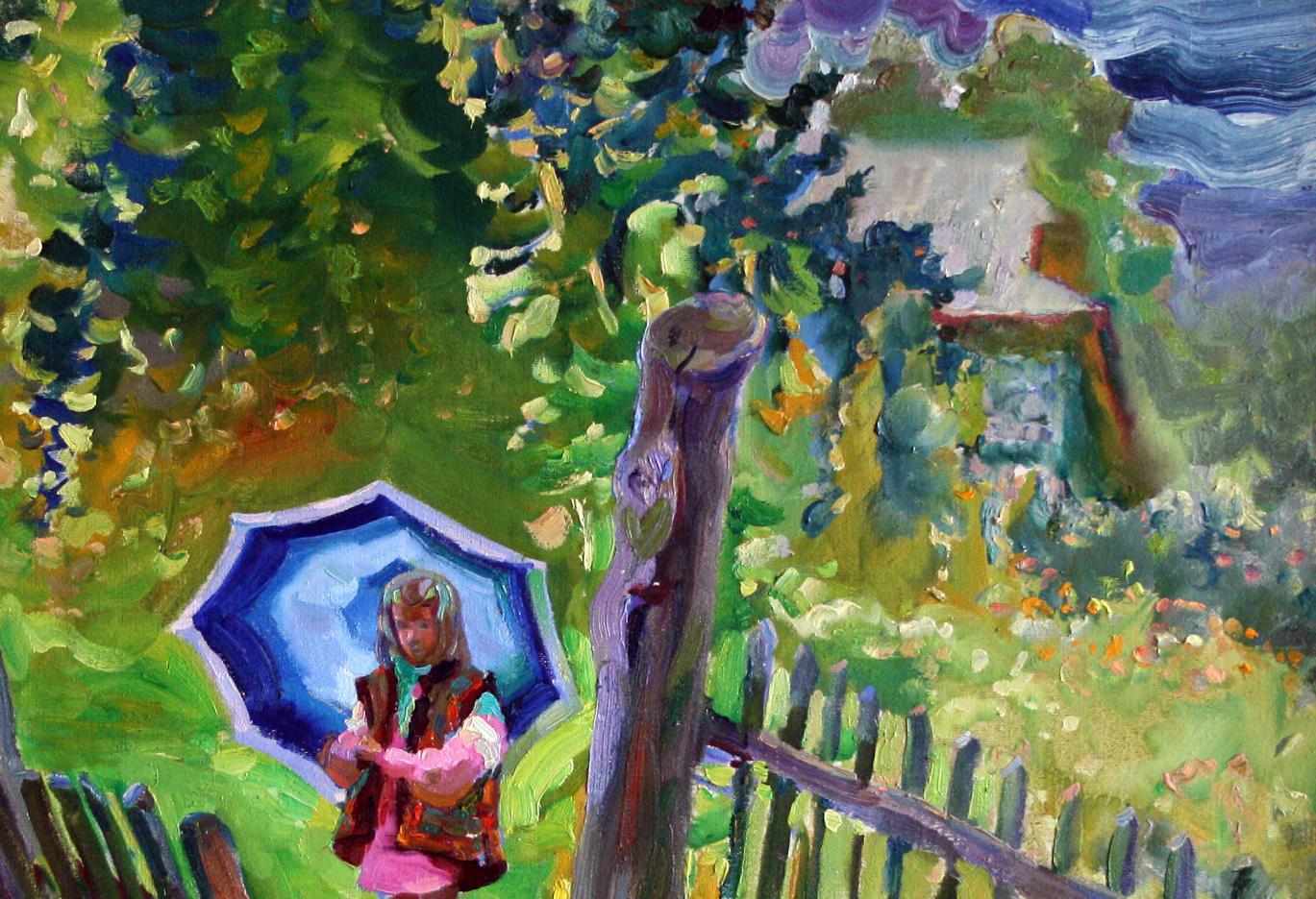 Oil painting Summer rain by Leonid Pavlenko: blue umbrella in garden