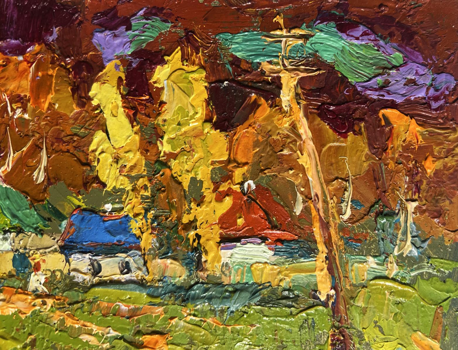 Vibrant impressionist oil painting Autumn streets of the village by Oksana Ivanyuk
