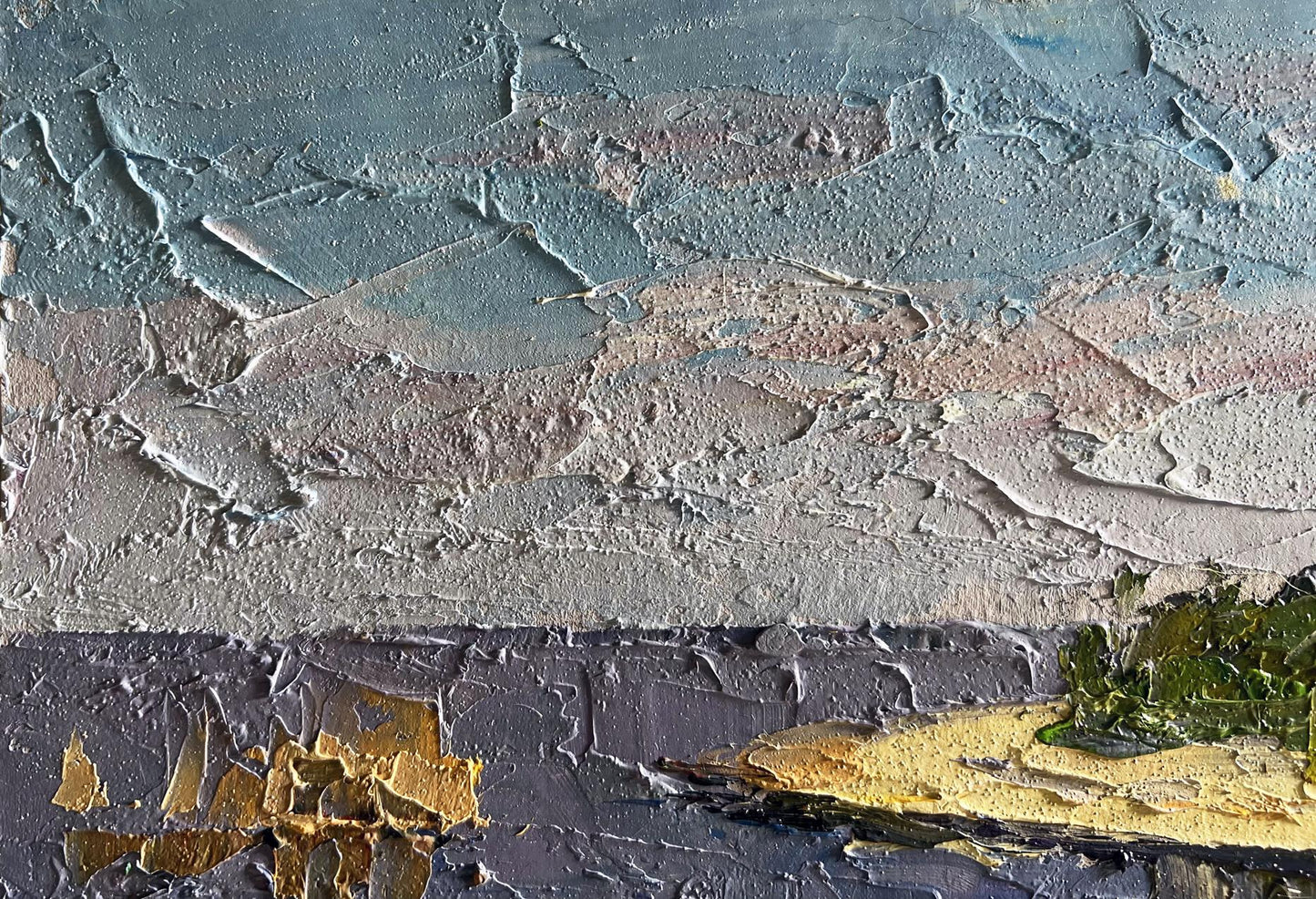 Oil painting Summer day by the shore by Boris Serdyuk in muted blues and gold