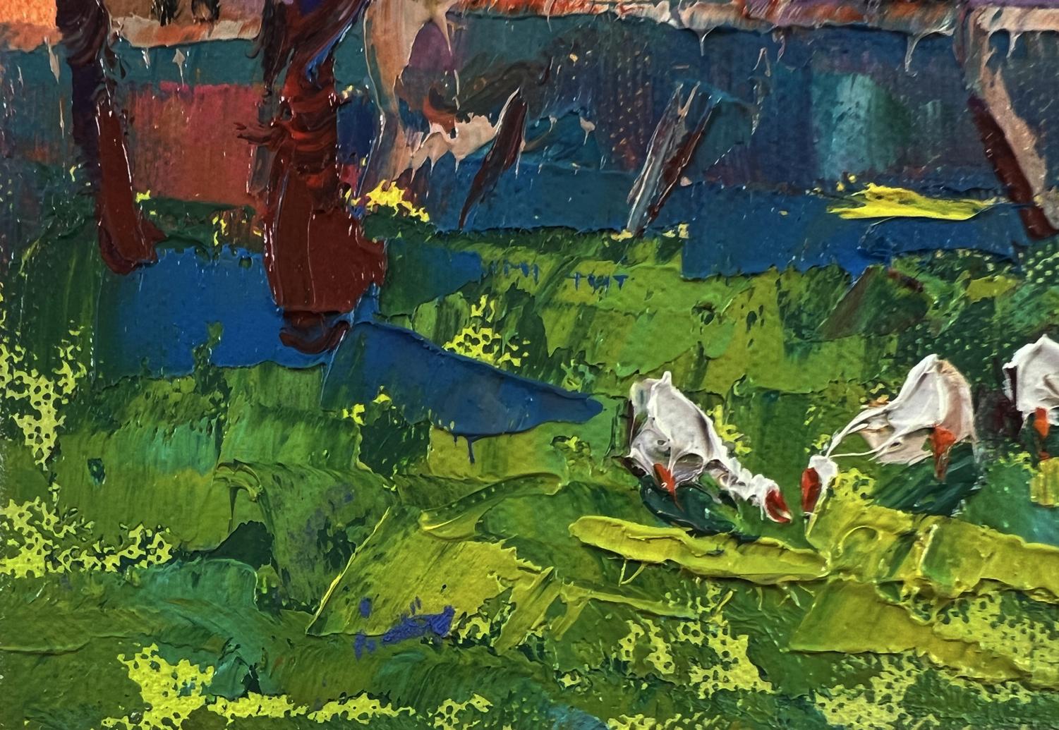 Vibrant oil painting Village Morning by Oleksiy Ivanyuk with green fields