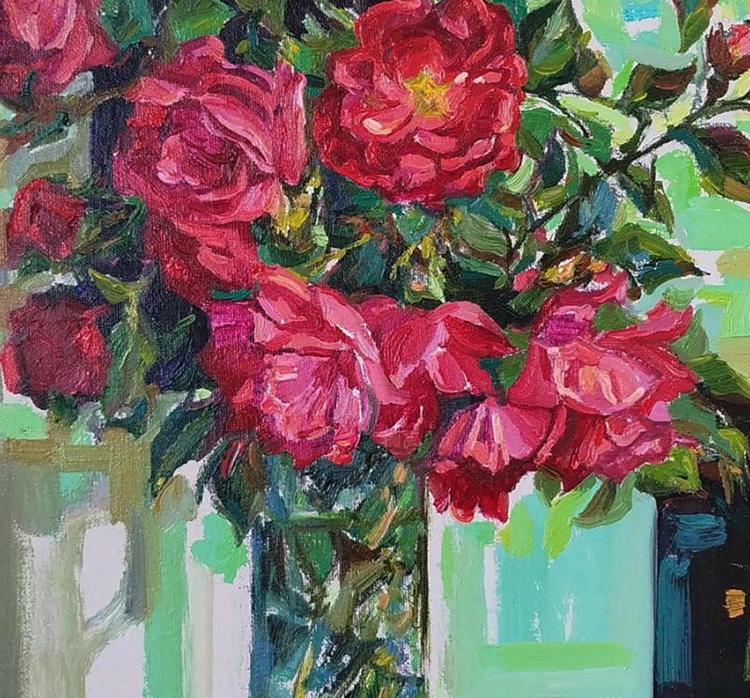 Oil painting of vibrant red roses by Leonid Pavlenko