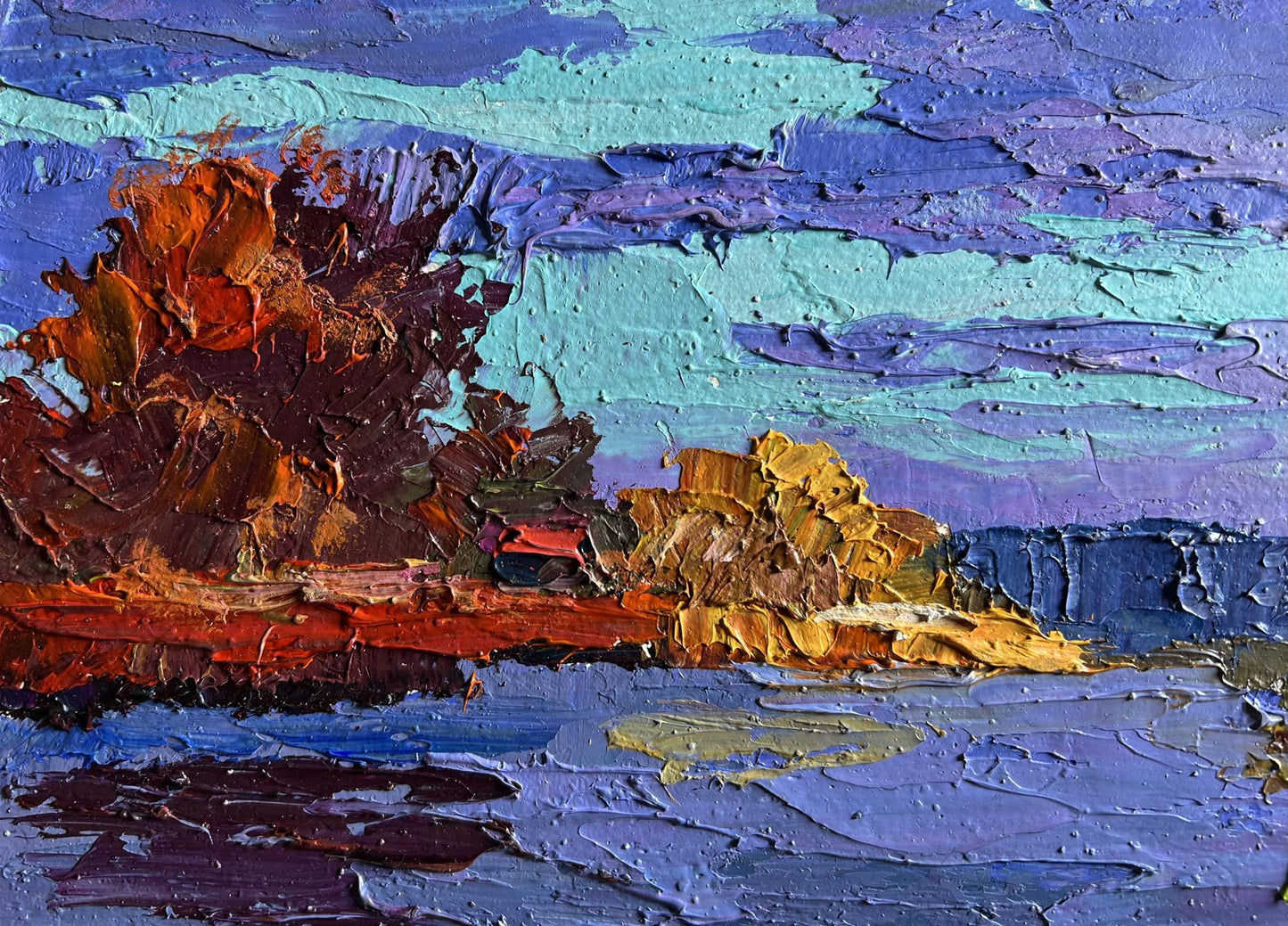 Oil painting Evening on the river by Boris Serdyuk vibrant impasto landscape