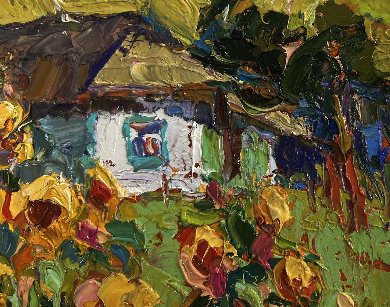 Vibrant oil painting of Oksana Ivanyuk sunflower yard cottage in flowers