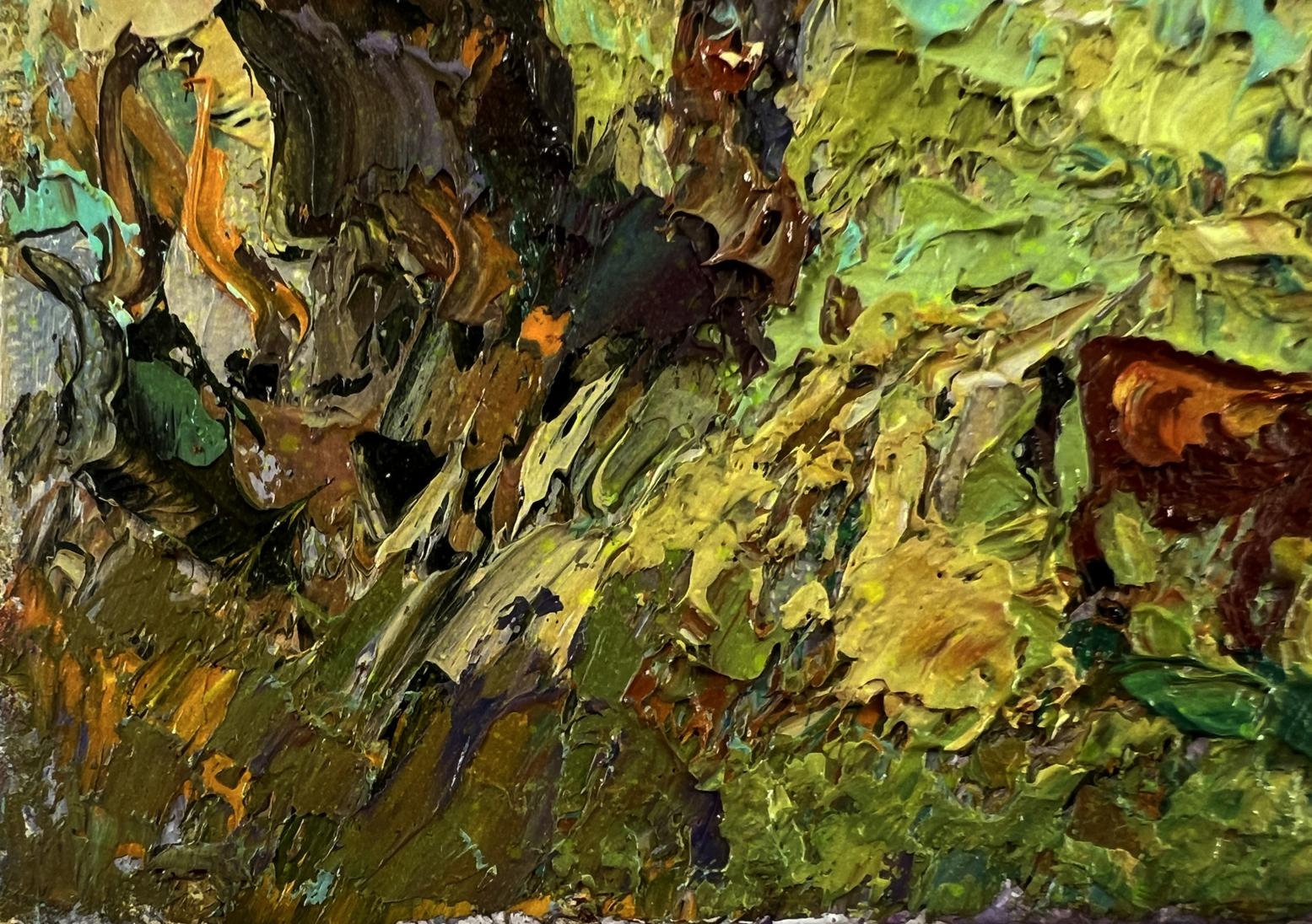 Oil painting In the Shade of the Trees by Oleksiy Ivanyuk with textured green impasto