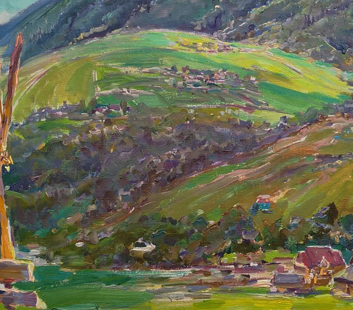 Vibrant impressionist oil painting by Leonid Pavlenko of sunlit rural valley