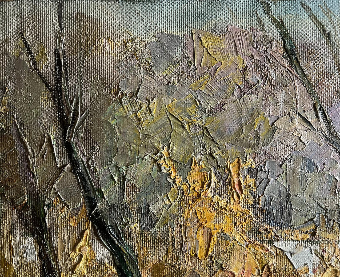 Oil painting The first snow fell by Boris Serdyuk with impasto abstract foliage