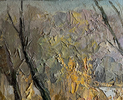 Oil painting The first snow fell by Boris Serdyuk with impasto abstract foliage