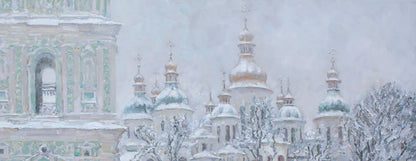 Oil painting of snow-covered domed church by Leonid Pavlenko