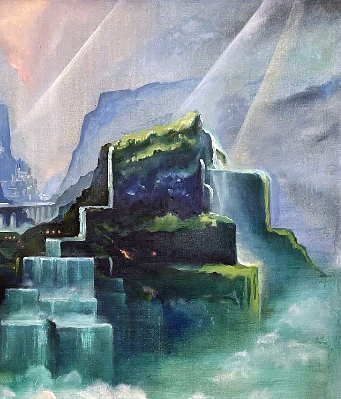 Oil painting Valley of waterfalls by Serhii Prybyshenya surreal stone tiers with falls