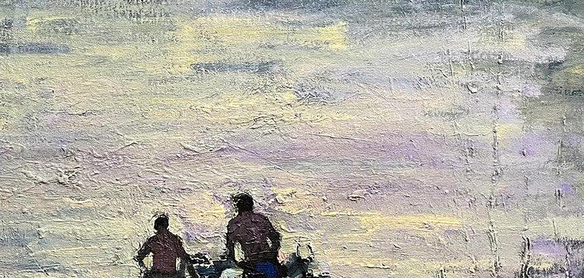 Oil painting Conversation by Volodymyr Pashchenko, silhouetted figures in yellows and purples