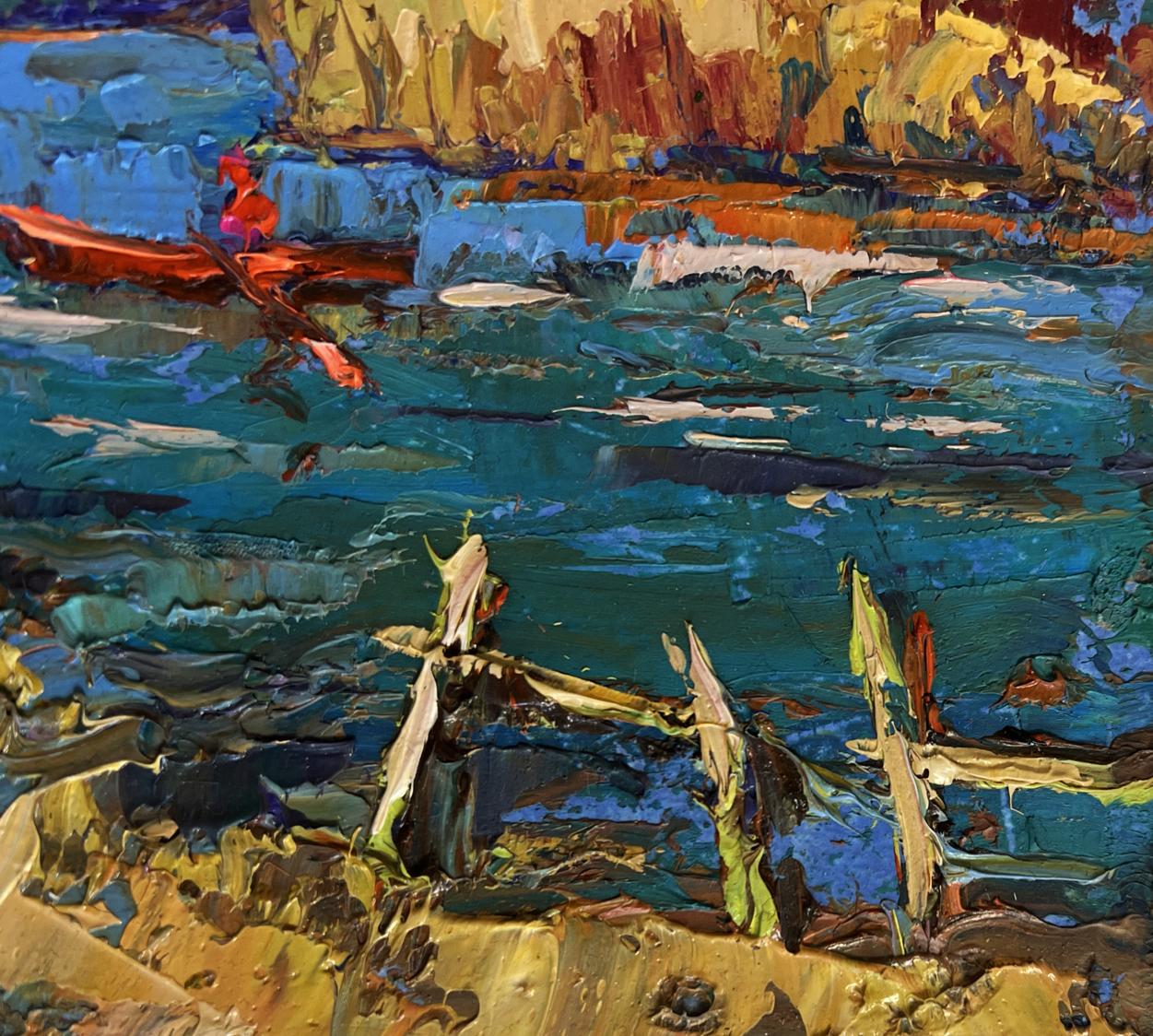 Vibrant impressionist oil painting by Oksana Ivanyuk: red boat on autumn river waters